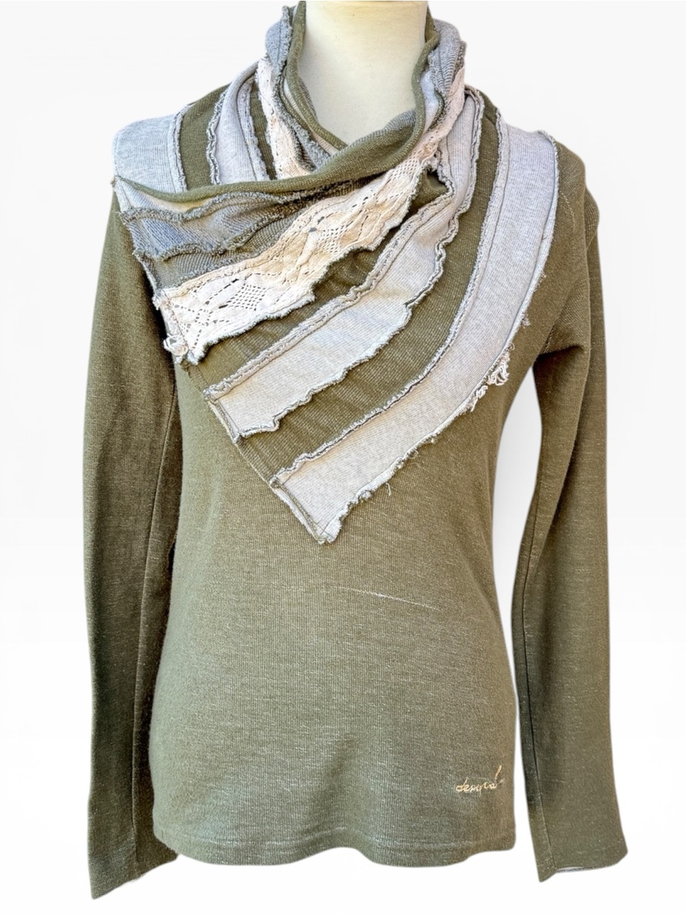 Desigual Cowl Neck Boho Long Sleeve Shirt, Size M, Lace and Layers